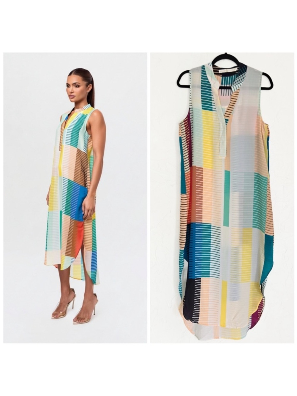 Marie Oliver Colorful Silk Sleeveless Shirtdress M